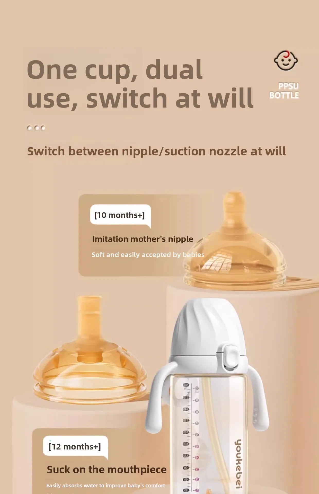 300ML PP Baby Milk Bottles Children with Gravity Ball Feeding Cup 1-4 Years Kids Water Cup Multifunctional Children Water Bottle