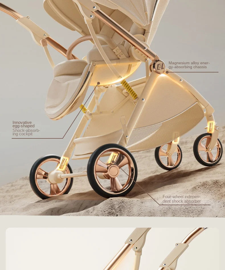Baby stroller Leather Egg-shaped Spine-Protective Cockpit High Landscape Lightweight Folding Two-way Push Four-wheel Suspension