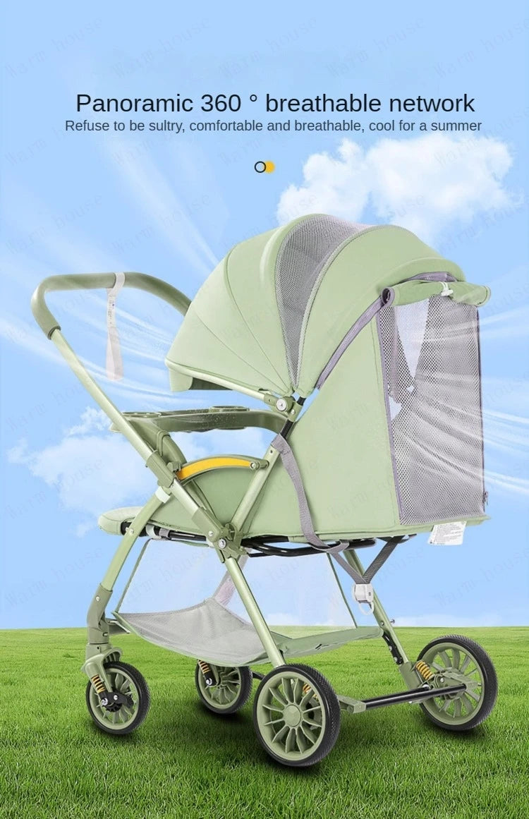 Bi-directional High Landscape Baby Stroller Can Sit or Lie Down Four Wheel Shock Absorber Stroller Lightweight Foldable Handcart