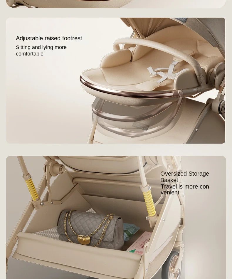 Baby stroller Leather Egg-shaped Spine-Protective Cockpit High Landscape Lightweight Folding Two-way Push Four-wheel Suspension