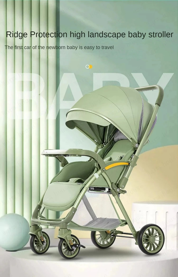 Bi-directional High Landscape Baby Stroller Can Sit or Lie Down Four Wheel Shock Absorber Stroller Lightweight Foldable Handcart