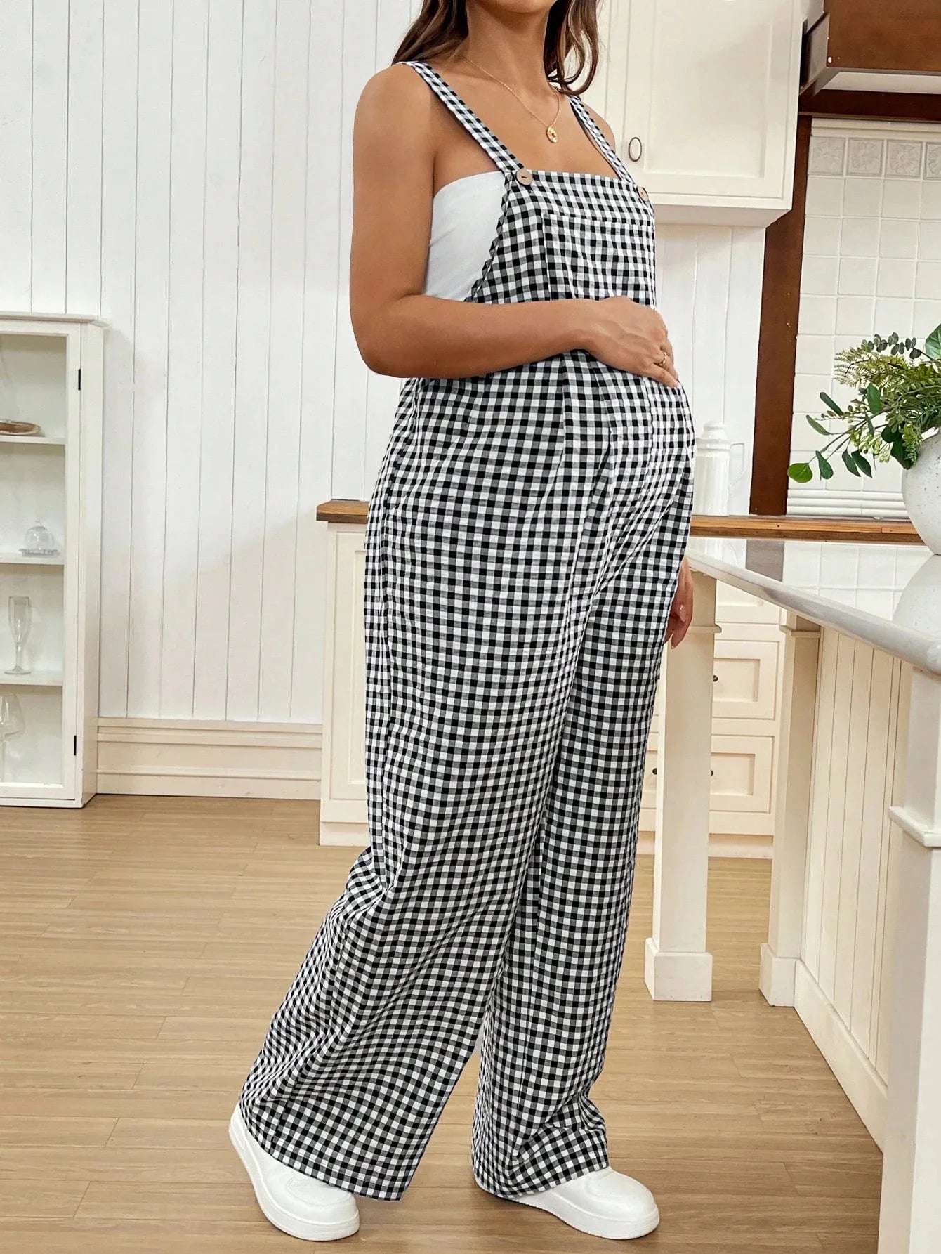 Maternity Pregnant Women Overalls Plaid Print Loose Wide-leg Jumpsuit Rompers Spring Summer Casual Pregnancy Clothing