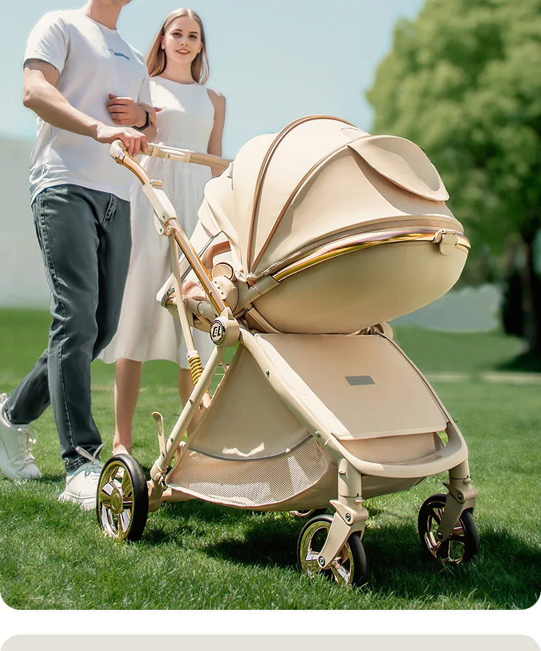 Baby stroller Leather Egg-shaped Spine-Protective Cockpit High Landscape Lightweight Folding Two-way Push Four-wheel Suspension