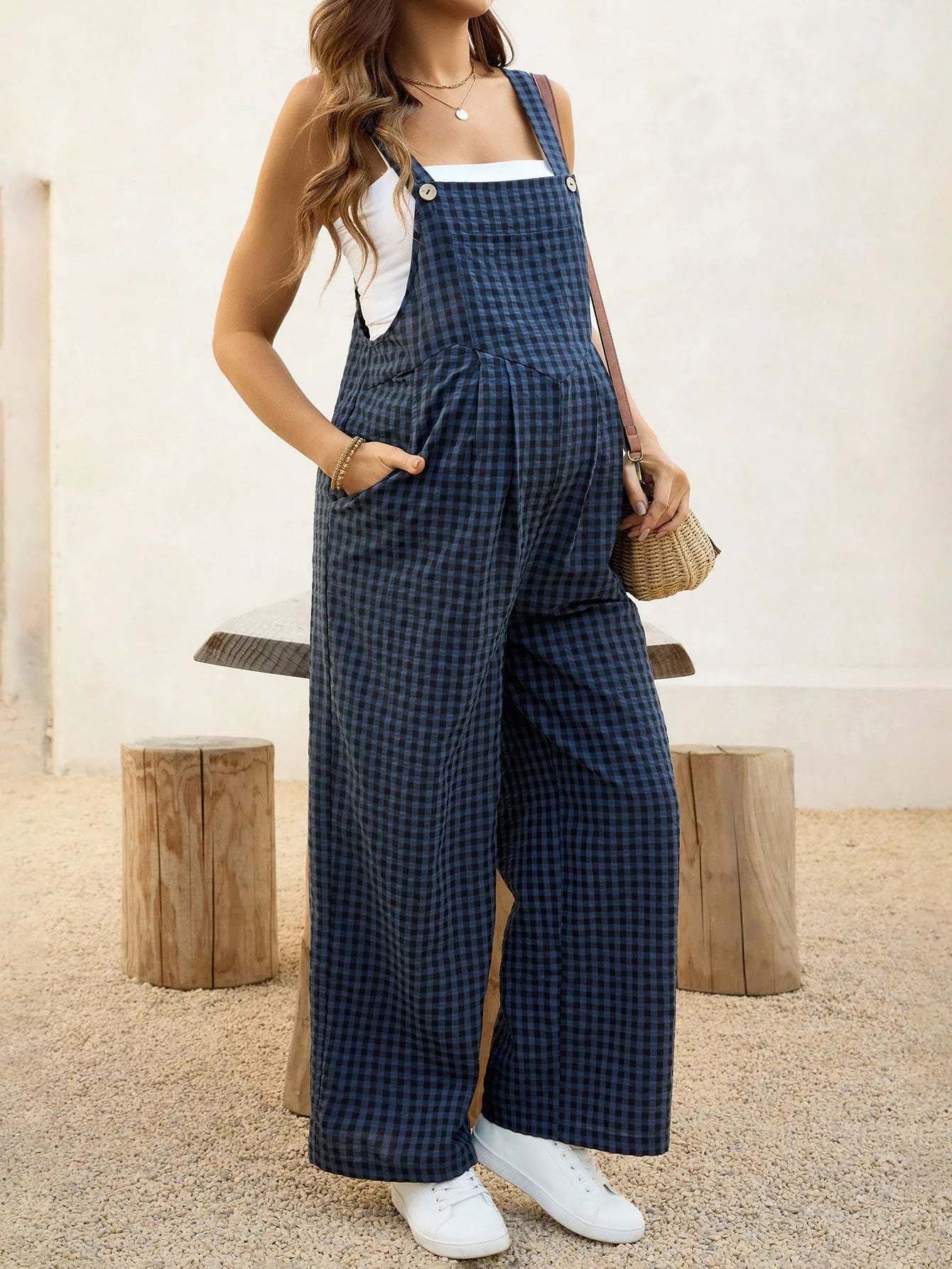 Maternity Pregnant Women Overalls Plaid Print Loose Wide-leg Jumpsuit Rompers Spring Summer Casual Pregnancy Clothing