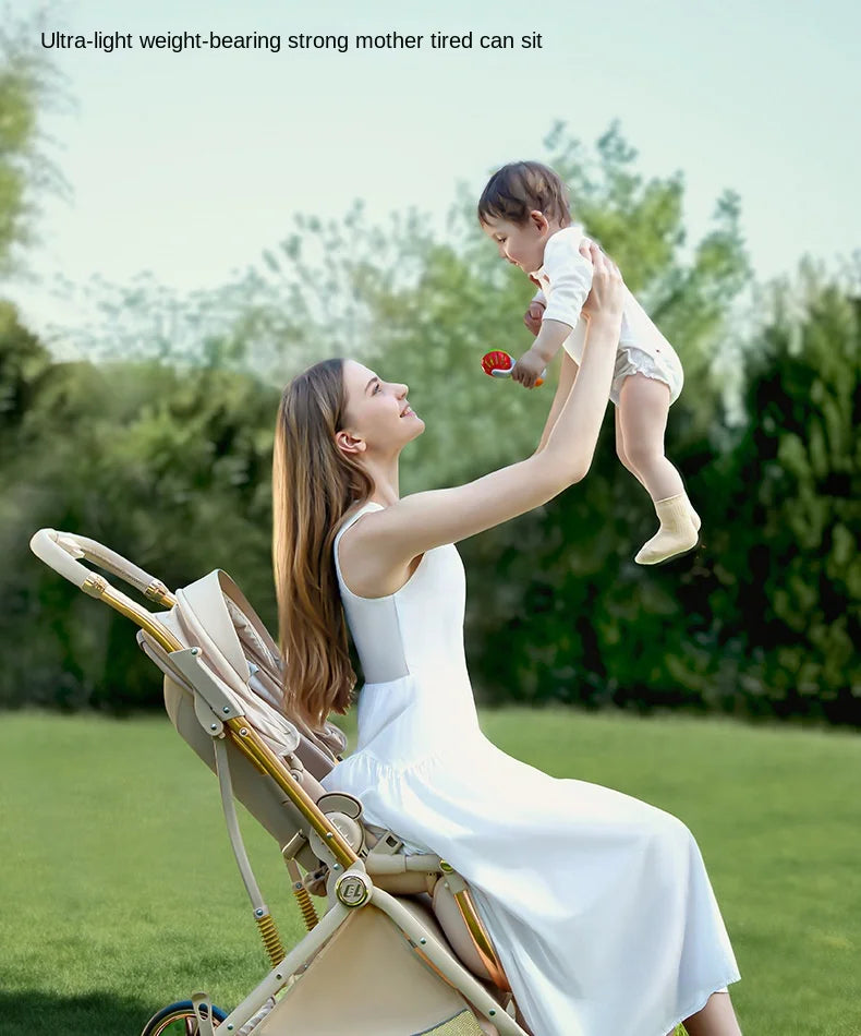 Baby stroller Leather Egg-shaped Spine-Protective Cockpit High Landscape Lightweight Folding Two-way Push Four-wheel Suspension