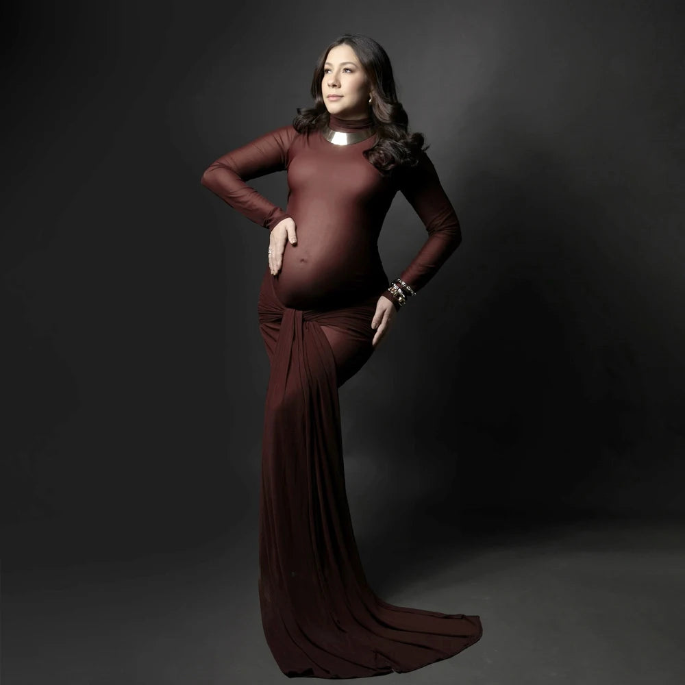 Maternity Photography Dresses High Neck Long Sleeved Fashionable Patchwork Strap High Elasticity Slim Fit Pregnant Women Dress