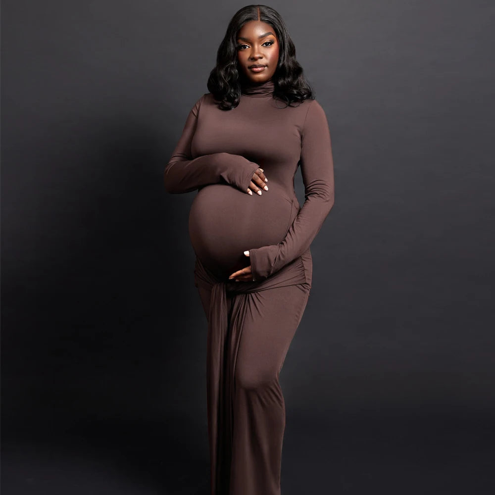 Maternity Photography Dresses High Neck Long Sleeved Fashionable Patchwork Strap High Elasticity Slim Fit Pregnant Women Dress