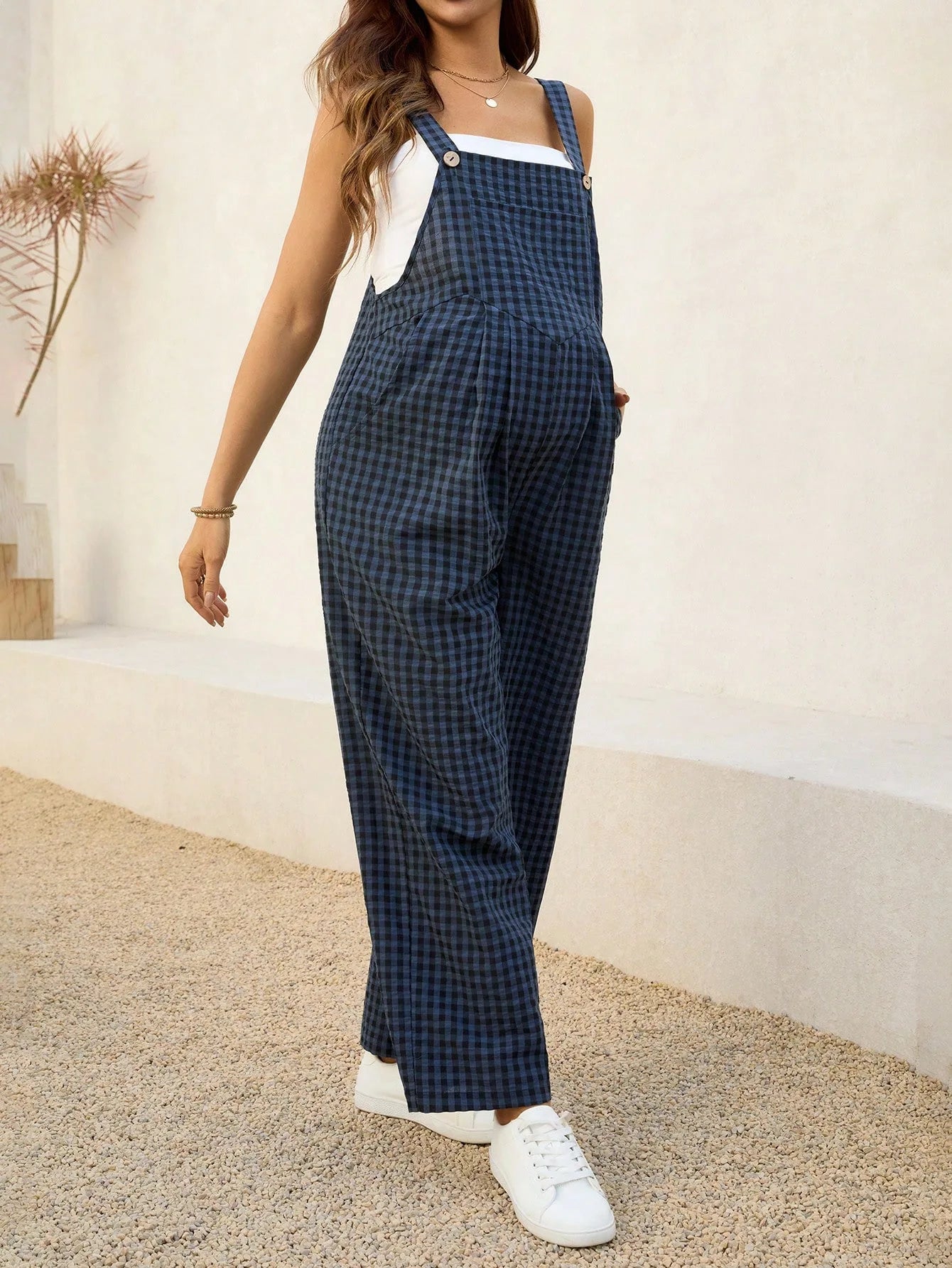 Maternity Pregnant Women Overalls Plaid Print Loose Wide-leg Jumpsuit Rompers Spring Summer Casual Pregnancy Clothing