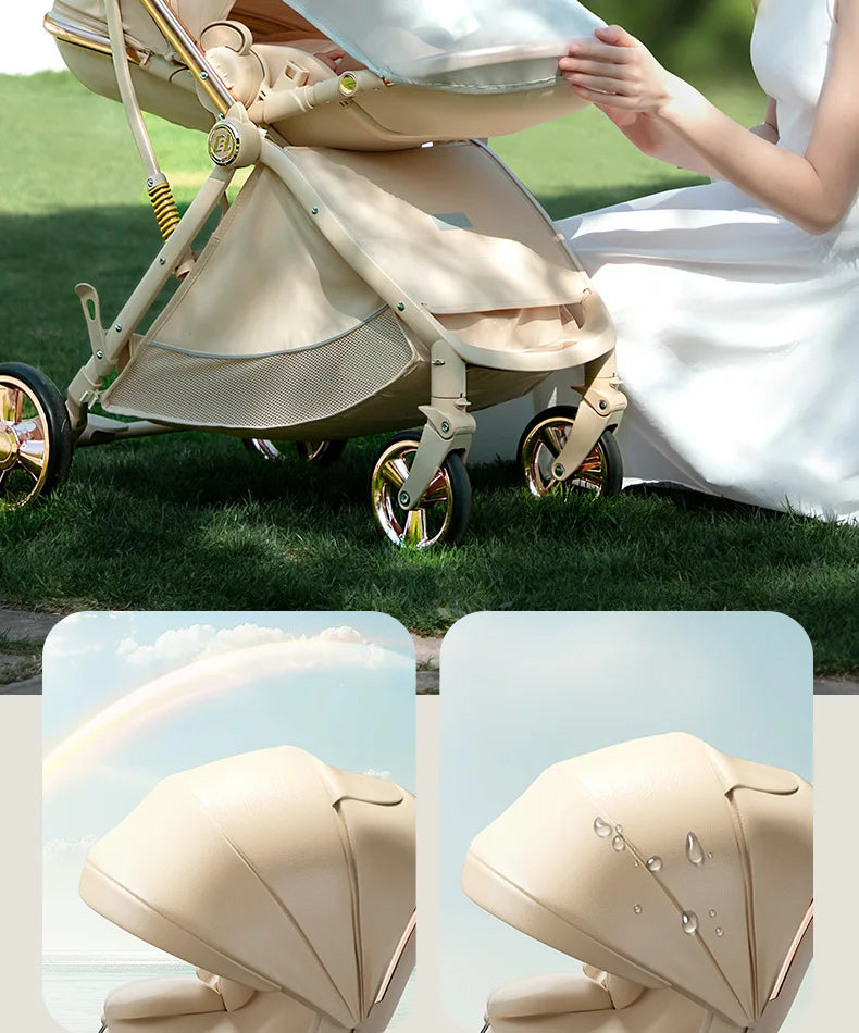 Baby stroller Leather Egg-shaped Spine-Protective Cockpit High Landscape Lightweight Folding Two-way Push Four-wheel Suspension