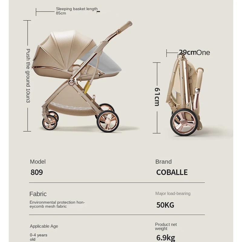 Baby stroller Leather Egg-shaped Spine-Protective Cockpit High Landscape Lightweight Folding Two-way Push Four-wheel Suspension